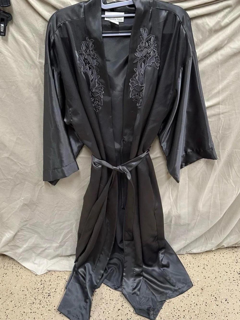 Silky grey lace floral robe.